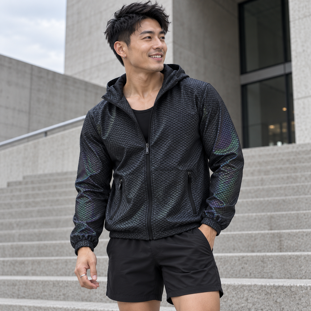 Rave Radiance Reflective Hooded Jacket in soft daytime light on concrete steps, showing its dark scale-pattern finish. editorial.