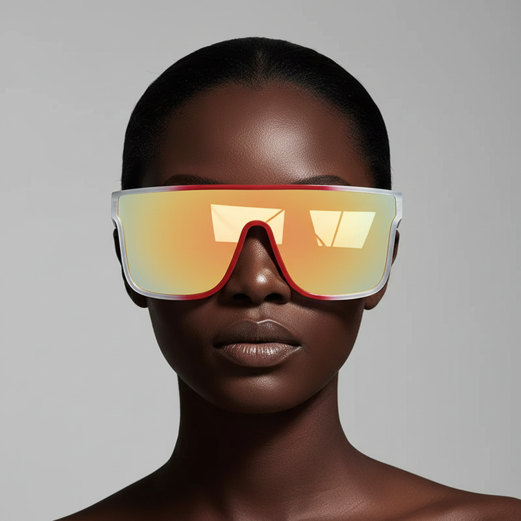 A person with dark skin wears Rave-Ready Oversized Frame Sunglasses with large