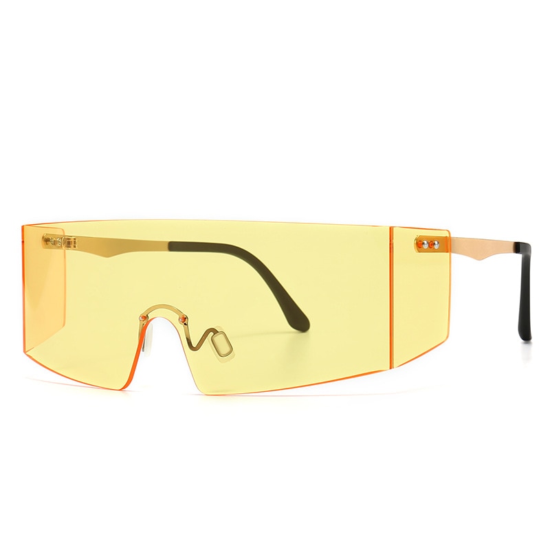 Front-facing oversized yellow shield sunglasses with orange edging and black temple arms