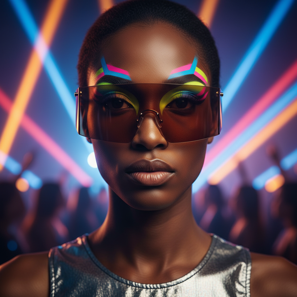 Rave Revolution Oversized Sunglasses on a dark-skinned femme, bold rainbow makeup, silver top, lit by queer club lights