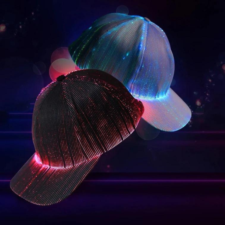 Two glowing LED fiber-optic baseball caps, one black and one translucent blue-white