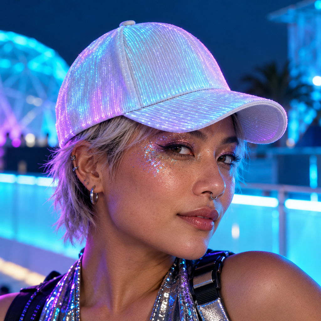 Raver GlowCap LED Fiber Optic Hat, White — icy cyan festival terrace at night, close three-quarter portrait.