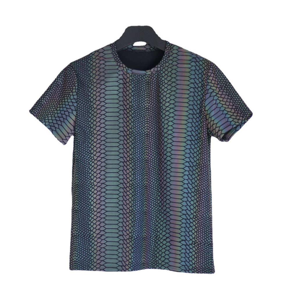 Front view of a short-sleeve T-shirt with an iridescent snakeskin pattern on a hanger