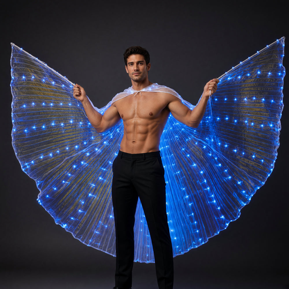 LED Light Up Fairy Wings in Blue (Adult), worn by an adult man