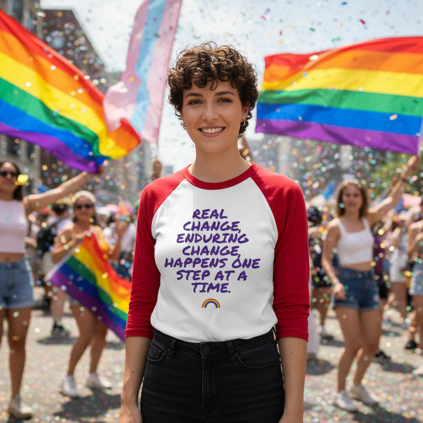 Real Change, Enduring Change 3/4 Sleeve Raglan Shirt worn by a smiling person at a sunny pride parade