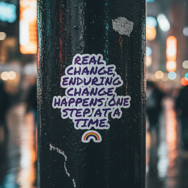 Bubble-free sticker with rainbow design and quote Real change, enduring change