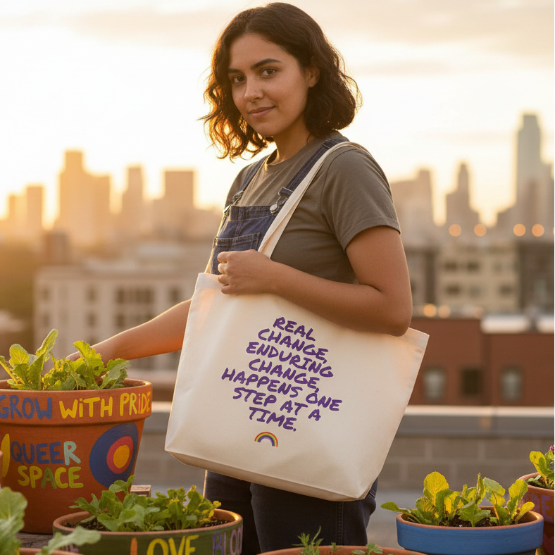 Organic tote bag reading “Real Change, Enduring Change Happens One Step at a Time” with rainbow icon