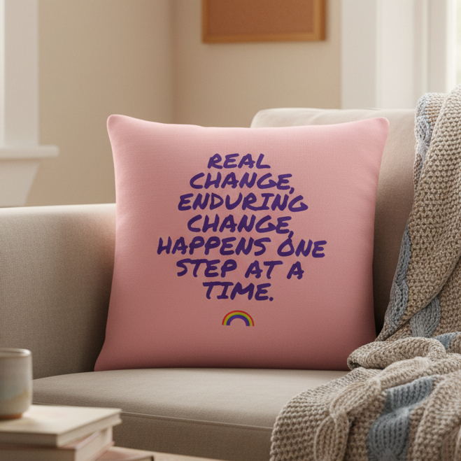 Pink LGBT pillow with bold purple text, The Real Change, Enduring Change