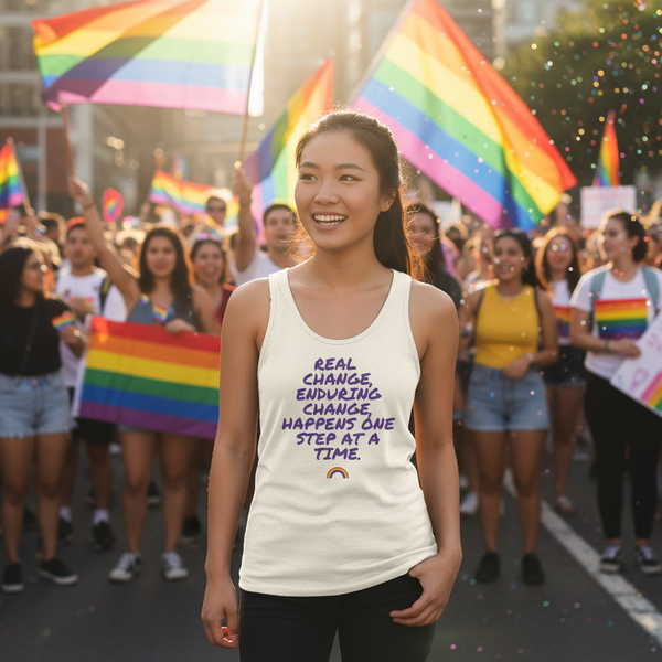 Smiling person in a cream tank top reading “Real Change, Enduring Change Happens One Step at a Time” at a Pride parade