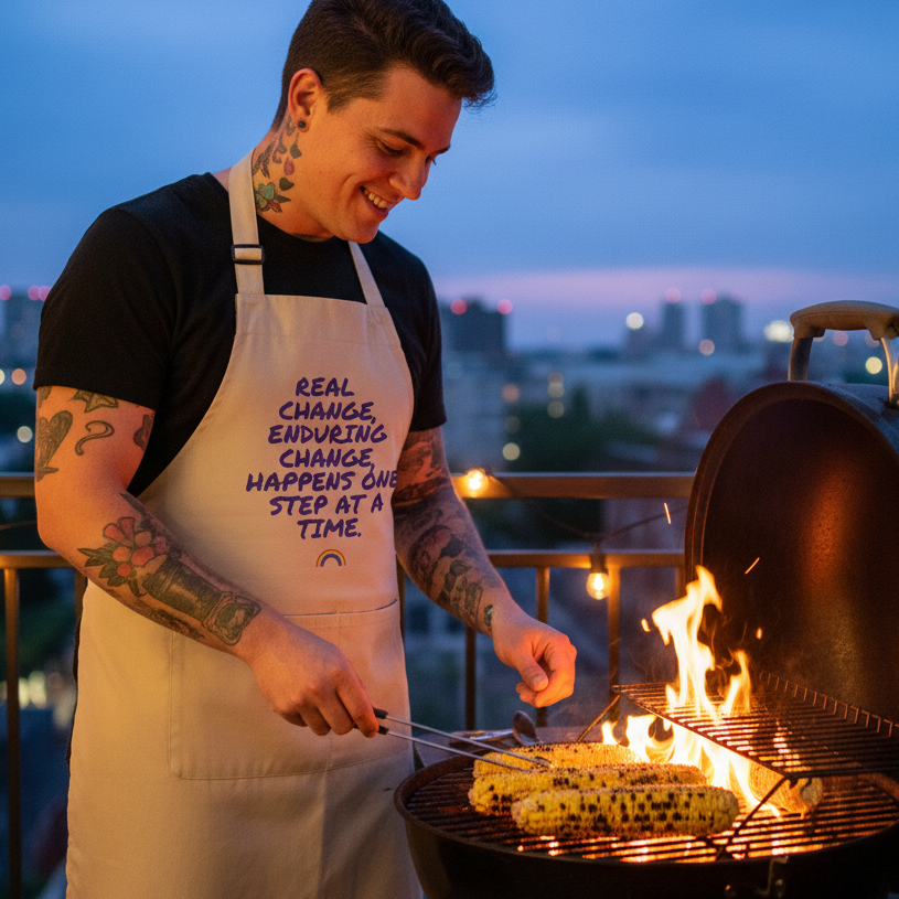 Tattooed person wearing a beige slogan apron while grilling corn at dusk