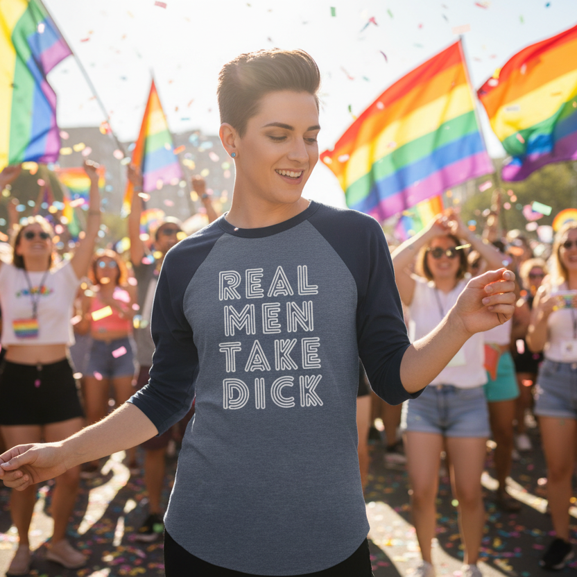 3/4 sleeve raglan shirt with “Real Men Take Dick” worn by a short-haired person dancing at Pride