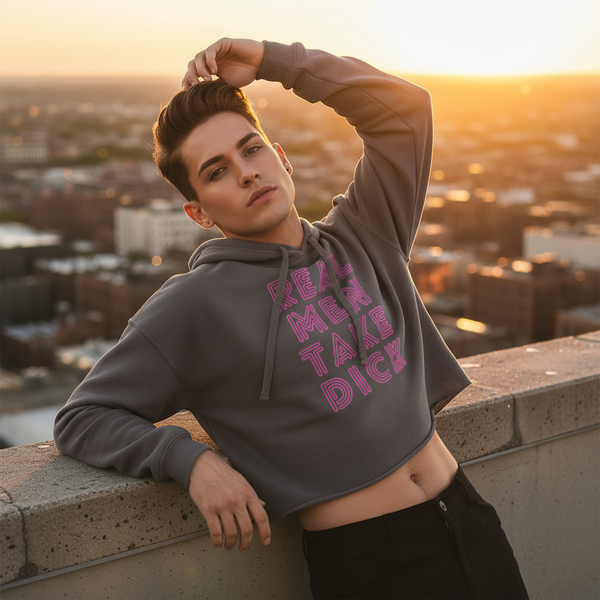 Gray crop hoodie with bold pink 