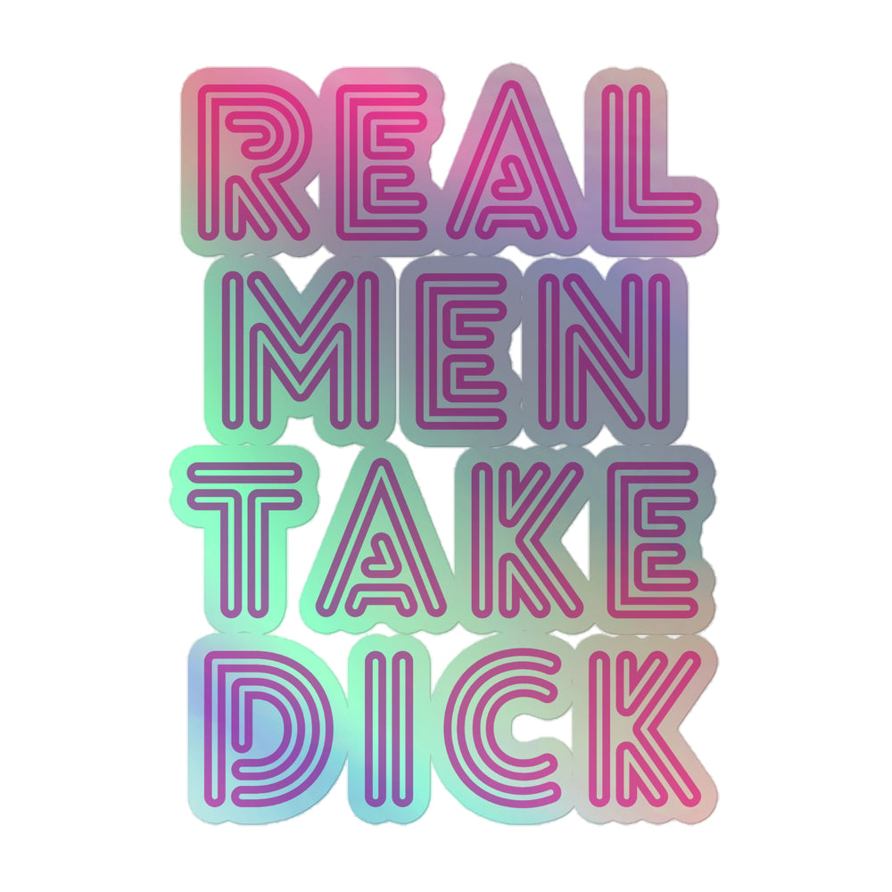 Rainbow-toned “Real Men Take Dick” holographic stickers pop on a gray metal locker in a queer-friendly locker room, blurred benches behind.
