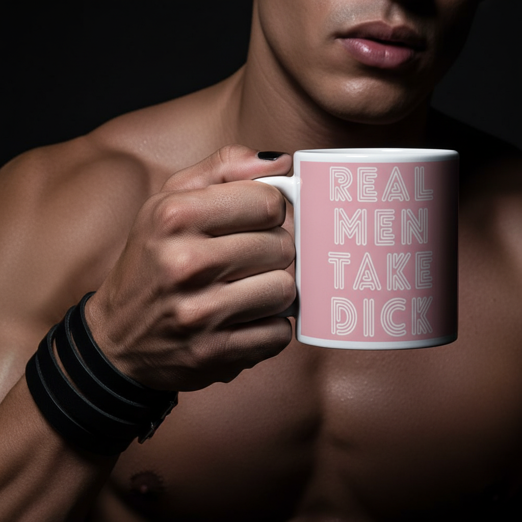 Shirtless person holds a pink mug reading “REAL MEN TAKE DICK”
