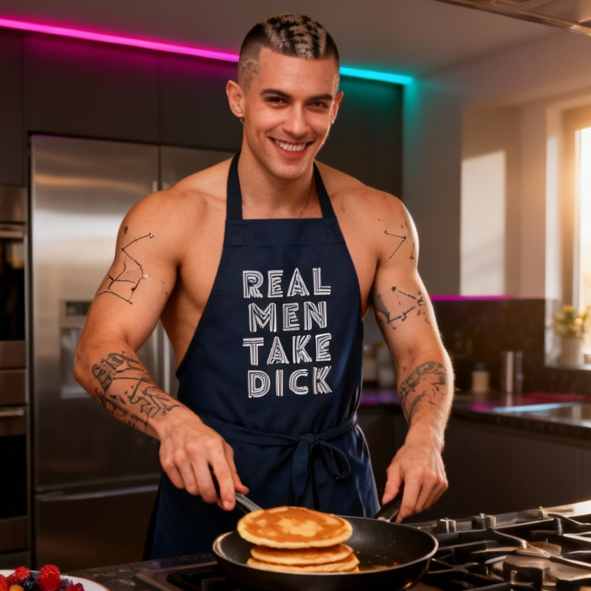 Shirtless person wearing a navy apron reading “REAL MEN TAKE DICK” while flipping pancakes