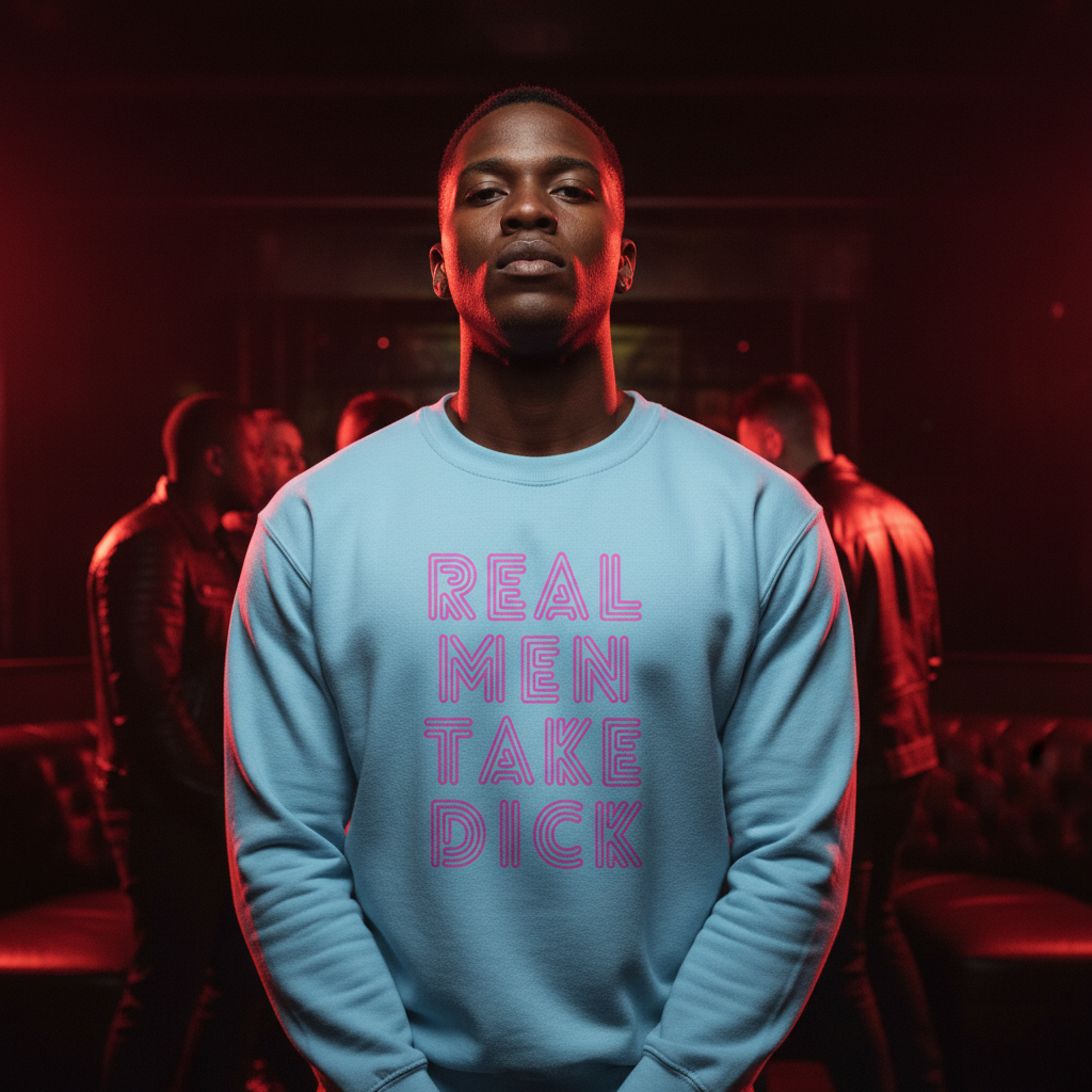 Unisex sweatshirt with bold “Real Men Take Dick” slogan worn by a confident man in a moody, red-lit queer party scene.