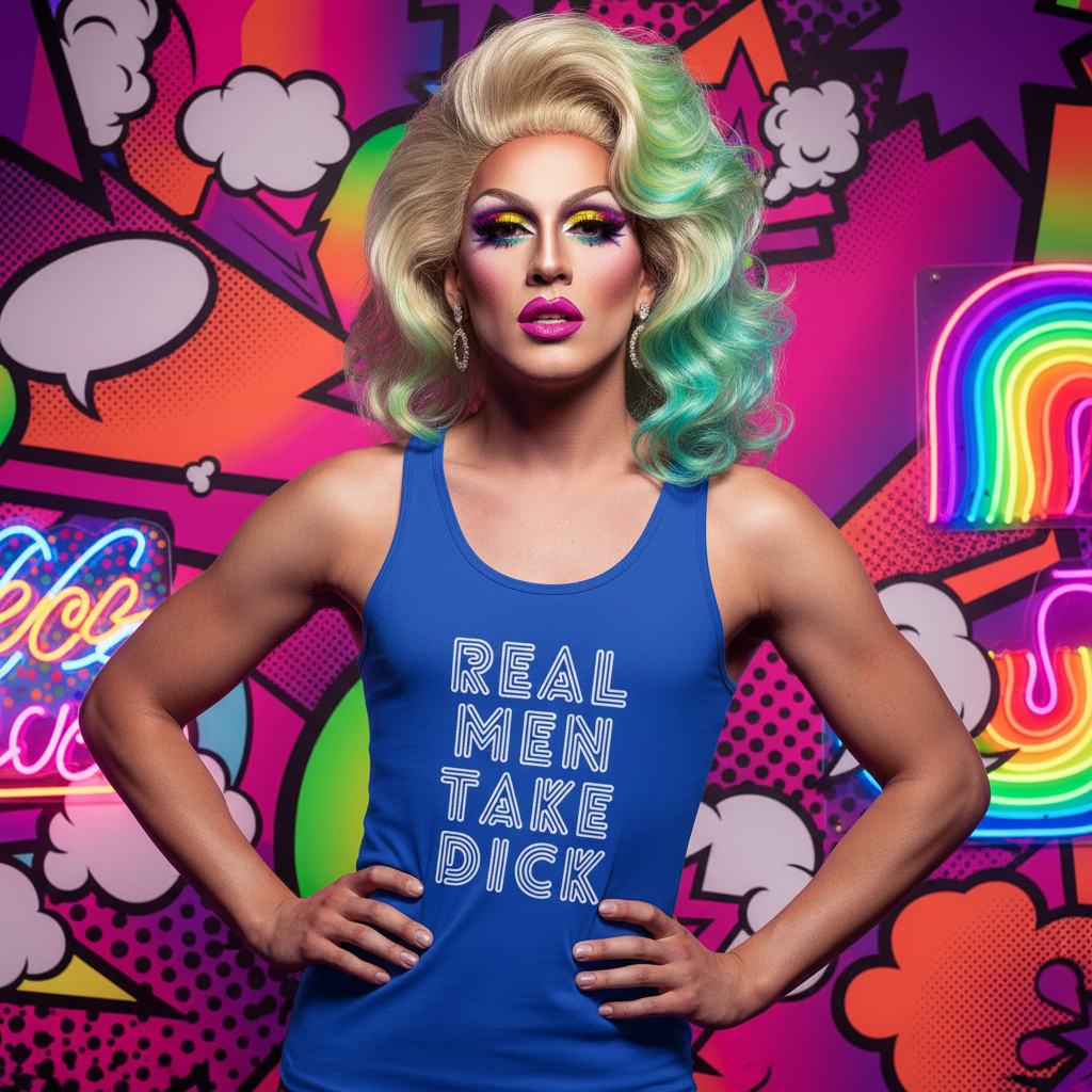 Unisex tank top reading "Real Men Take Dick" worn by a drag queen with big blonde and turquoise hair, bold makeup