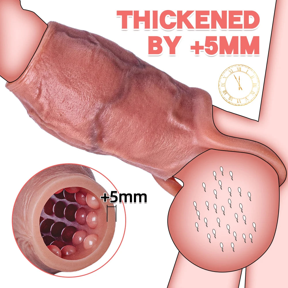 Close-up of a realistic penis sleeve labeled “THICKENED BY +5MM,” with textured interior detail