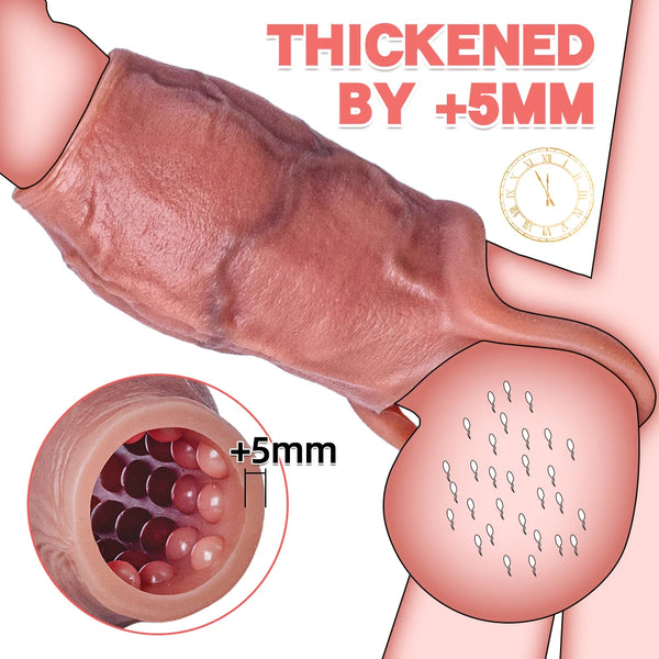 Close-up of a realistic penis sleeve labeled “THICKENED BY +5MM,” with textured interior detail