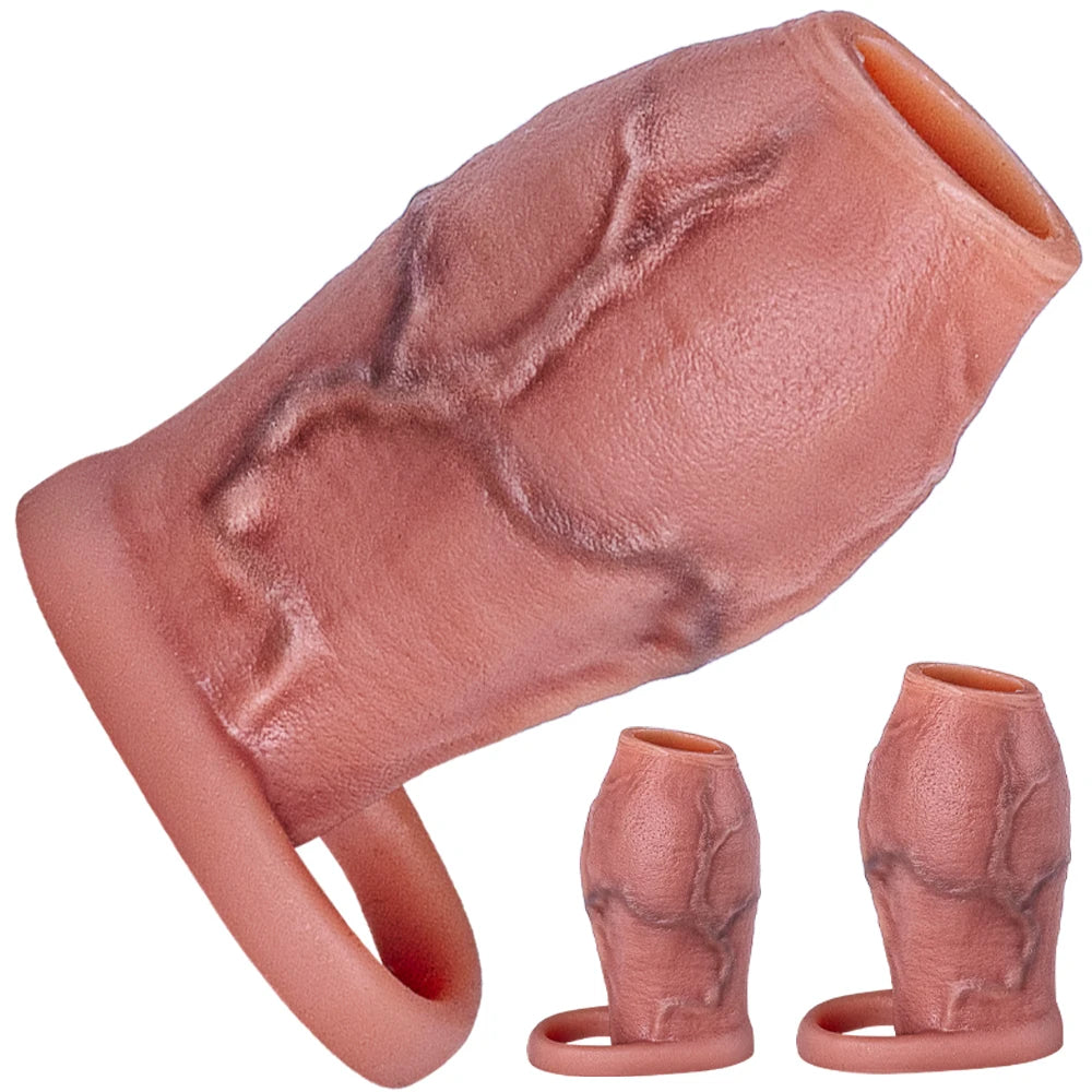 Close-up product image of a realistic skin-tone penis sleeve with two smaller views