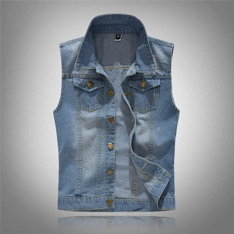 Front-facing sleeveless light-blue denim vest with flap pockets and brass buttons