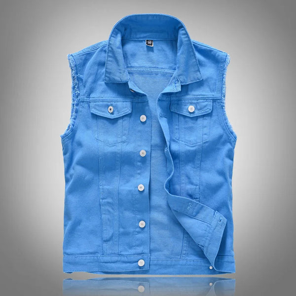 Front view of a bright blue sleeveless denim vest with frayed armholes and chest pockets