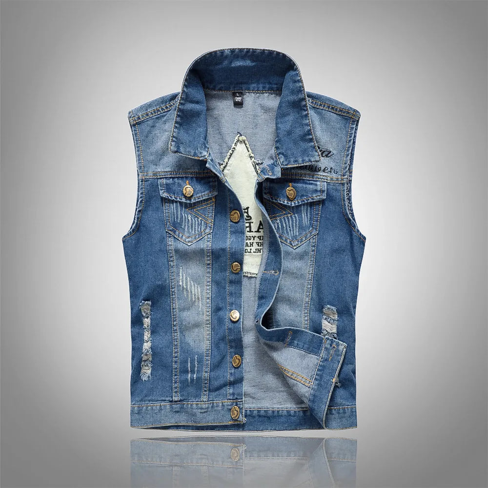 Front view of a blue distressed denim vest with a pointed collar, pockets, and metal buttons