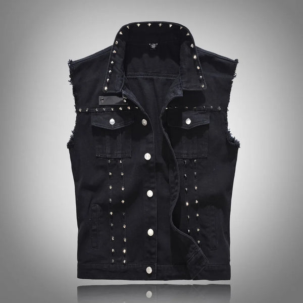 Front-facing black denim vest with frayed armholes, silver studs, pockets, and snap buttons