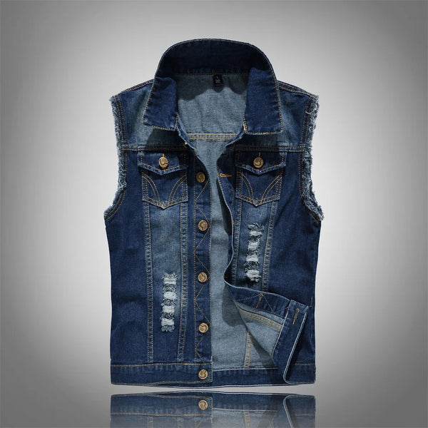 Front view of a dark blue distressed denim vest with frayed armholes and flap pockets