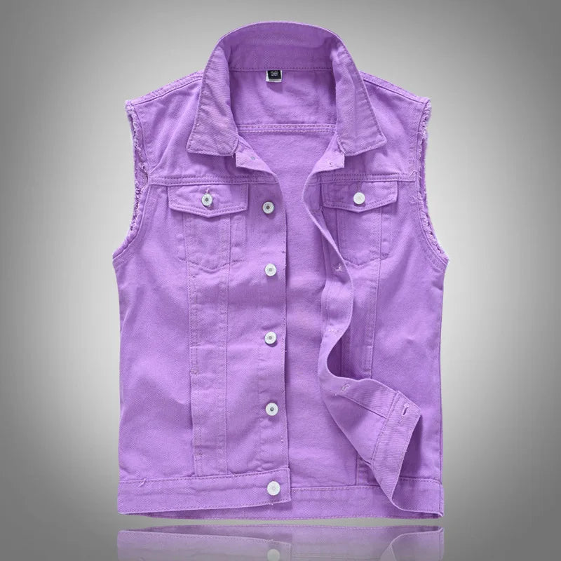 Front-facing lavender denim vest laid flat with flap pockets and silver buttons