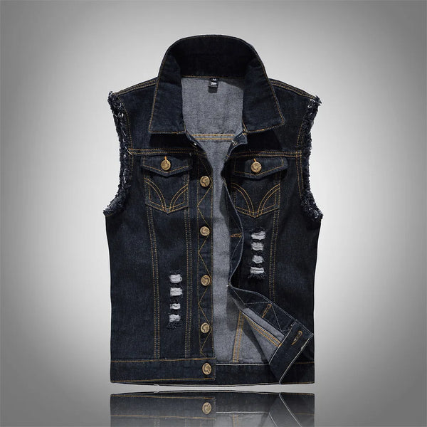 Front view of a dark denim vest with frayed armholes, chest pockets, and distressed slits