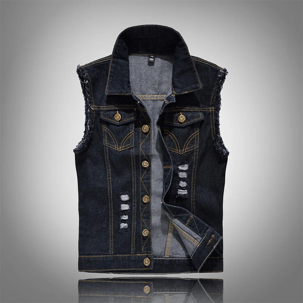 Front view of a dark denim vest with frayed armholes, chest pockets, and distressed slits