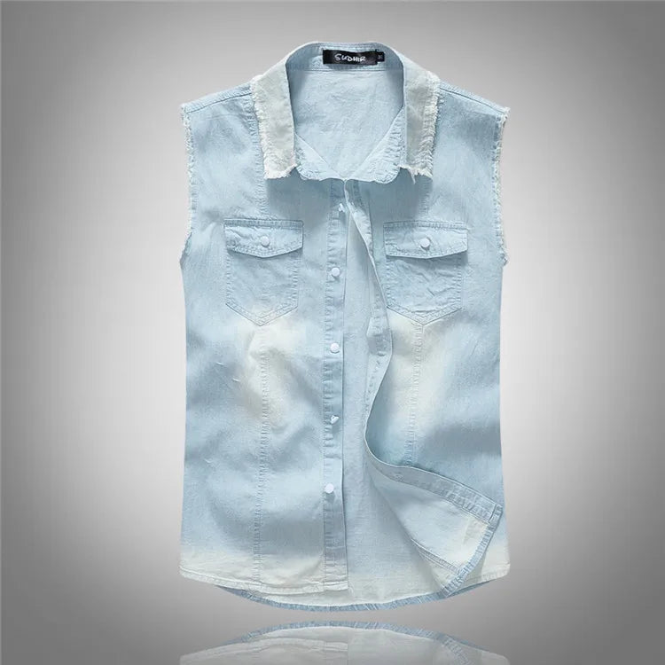 Front view of a light blue sleeveless denim vest with frayed edges and two chest pockets