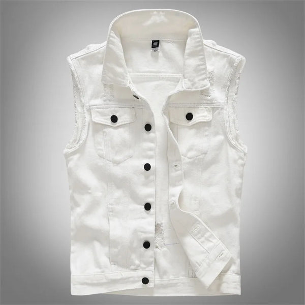 Front view of a white sleeveless denim vest with black buttons and chest pockets
