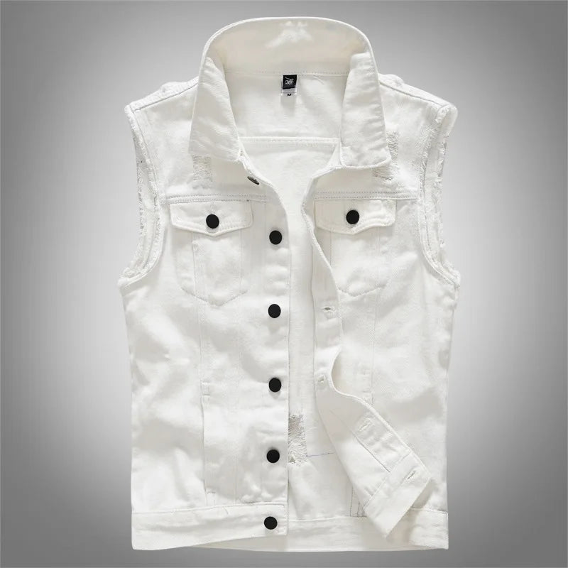 Front view of a white sleeveless denim vest with black buttons and chest pockets