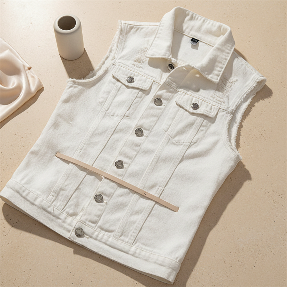 Flat lay of a white denim vest with frayed armholes and metal buttons