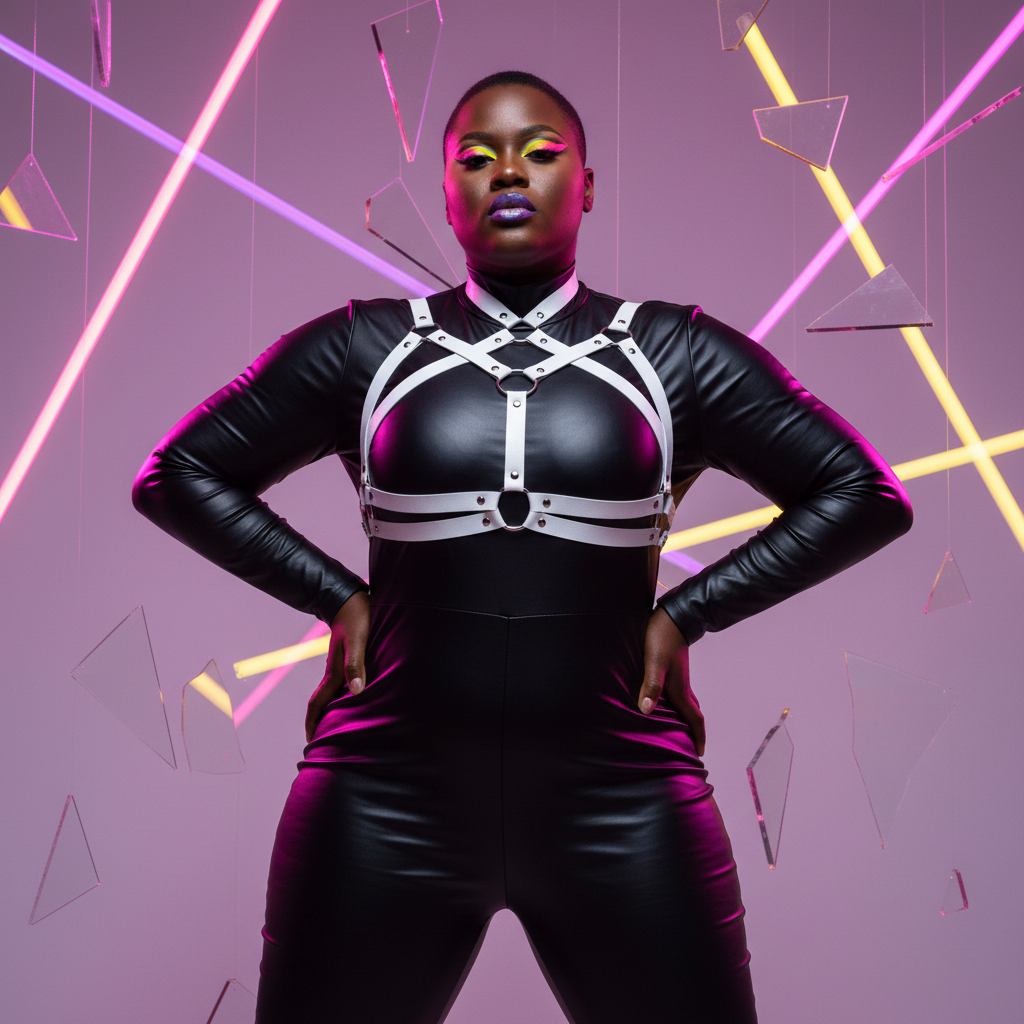 Front-facing model in a white riveted harness over a black catsuit with a central O-ring