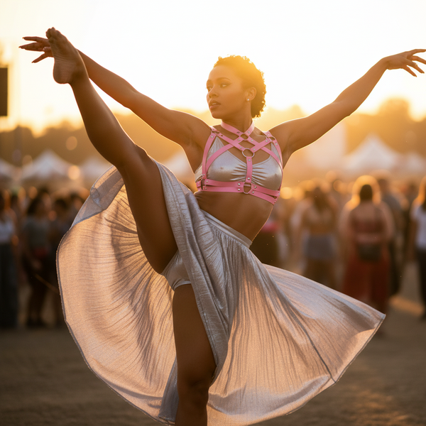 Dancer in a pink rivet harness crop top and silver skirt performs a high leg extension outdoors