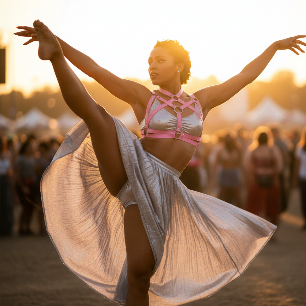 Dancer in a pink rivet harness crop top and silver skirt performs a high leg extension outdoors