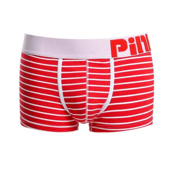 Red and white striped boxer briefs with white fly piping and a white waistband with red lettering, against white