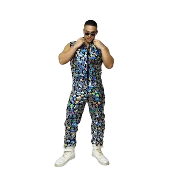 Front-facing person modeling a reflective multicolor star-patterned sleeveless jumpsuit with white boots