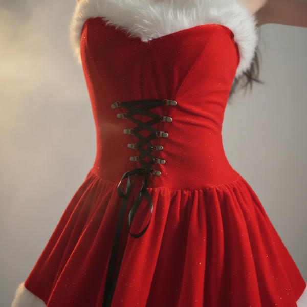 Close-up front view of a red velvet strapless dress with white faux-fur trim and black corset lacing