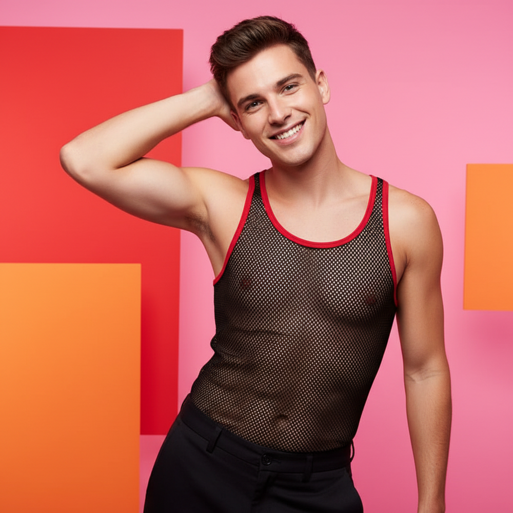 Smiling person modeling a black mesh tank top with red trim against a pink backdrop