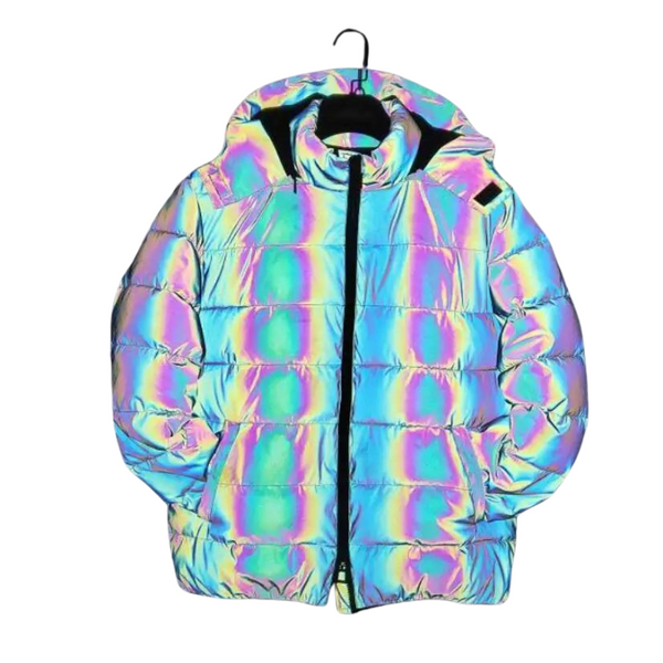 Front view of an iridescent holographic puffer jacket with a hood and black zipper