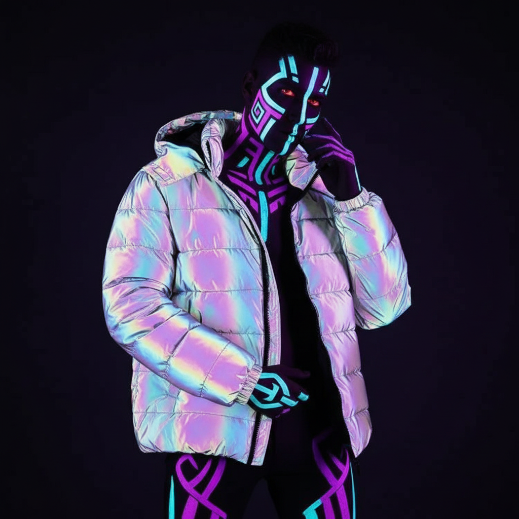 Front-facing person wearing an iridescent hooded puffer jacket under blacklight