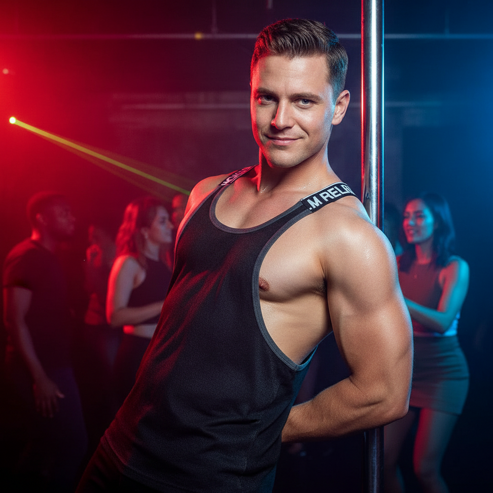 Person in a black tank top with branded shoulder straps leans against a pole in a club