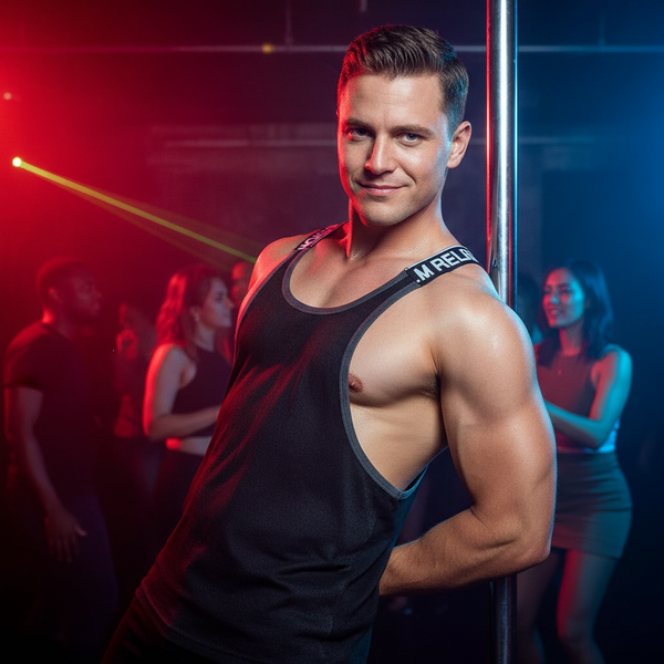 Person in a black tank top with branded shoulder straps leans against a pole in a club