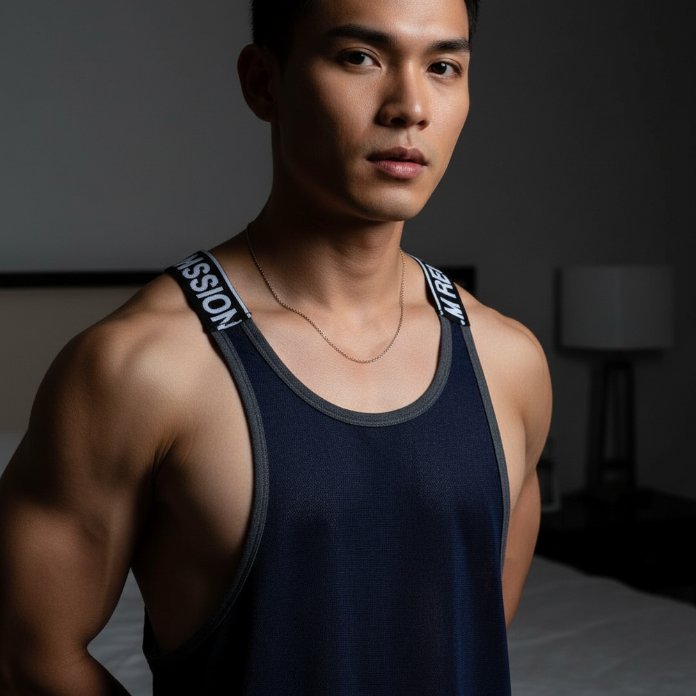 Front-facing model wearing a navy racerback tank with bold white shoulder-strap lettering