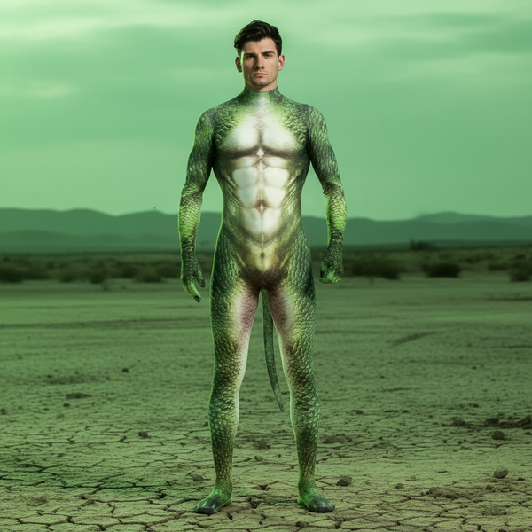 Reptile Fantasy Fetish Bodysuit With Tail: A human-lizard hybrid figure in the desert, showcasing green reptilian scales