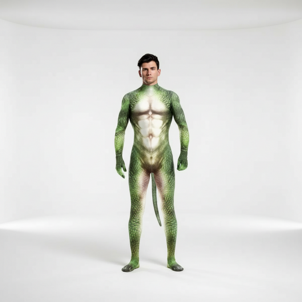 Person in a green, scaly Reptile Fantasy Fetish Bodysuit With Tail, showcasing textured scales, defined muscle sculpt